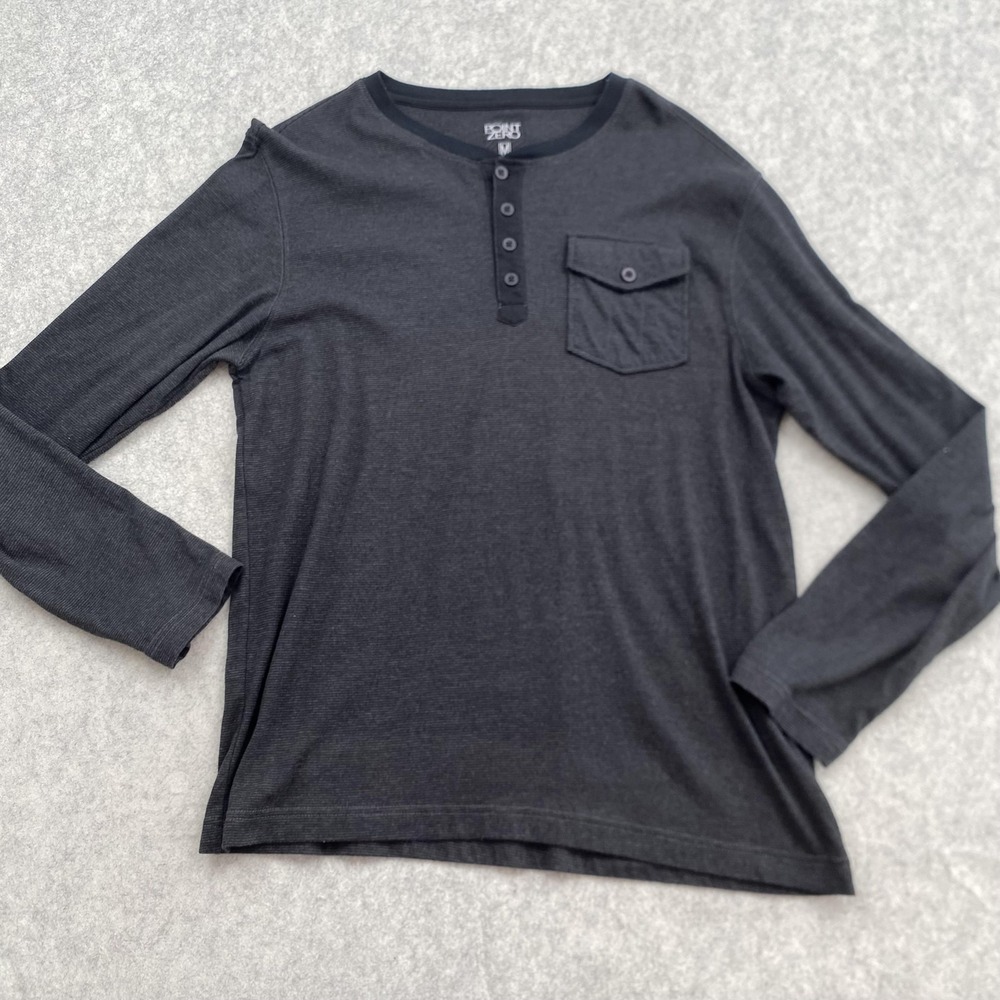 Point Zero Henley Shirt Mens Medium Gray Long Sleeve Pocket Tee Casual Top